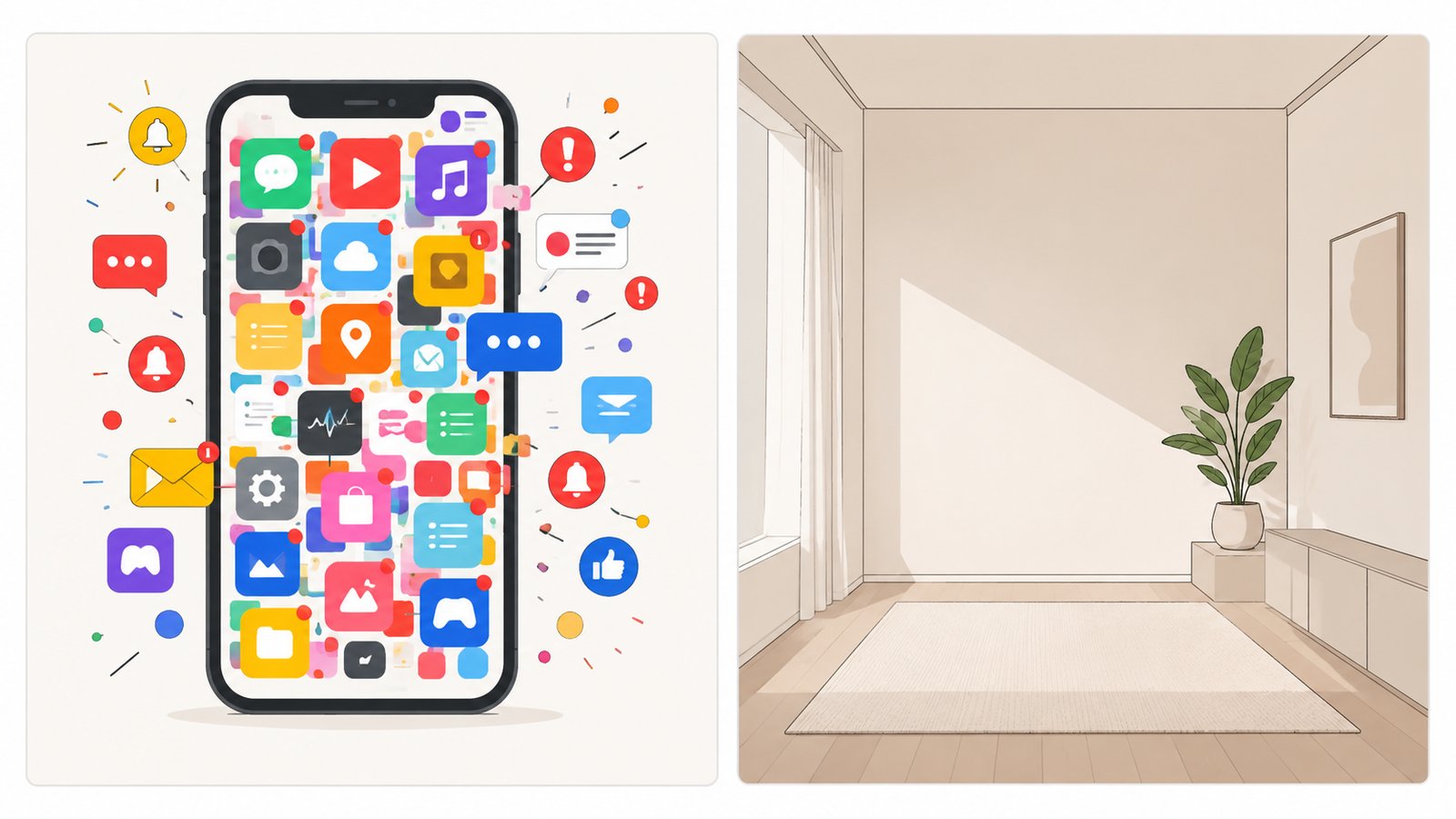 スマホの鮮やかな画面と落ち着いたアースカラーの部屋の対比図──刺激の多い日常と休まる色