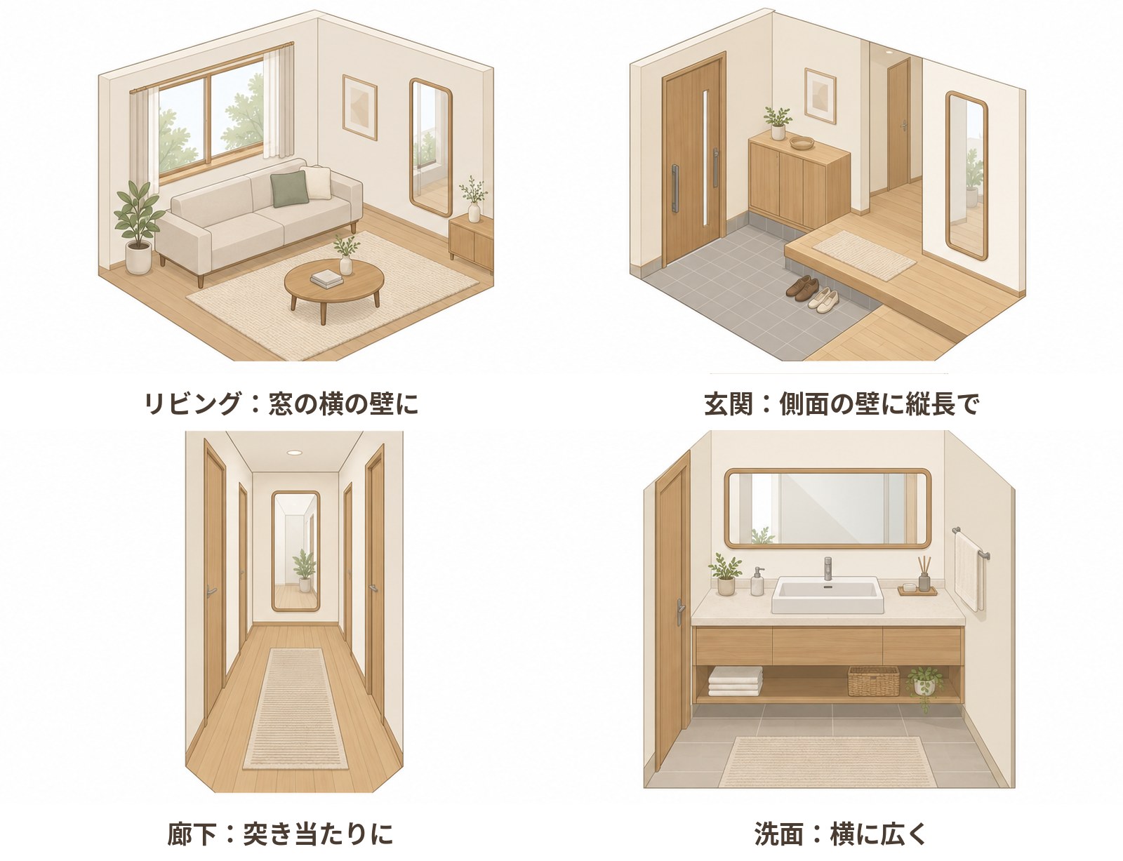 部屋を広く見せる鏡の置き場所の例──リビングは窓の横、玄関は側面の壁、廊下の突き当たり、洗面は横長