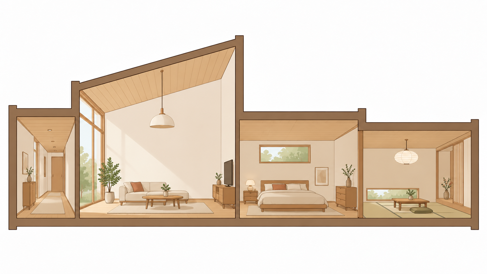 部屋ごとの天井の高さの考え方──リビングは高め、寝室と和室は低め、廊下からリビングへの高低差